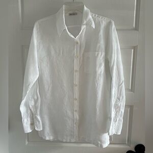 Allen Allen 100% Linen Tunic Shirt  White Button Up Roll Tab Sleeve Coastal Sz S